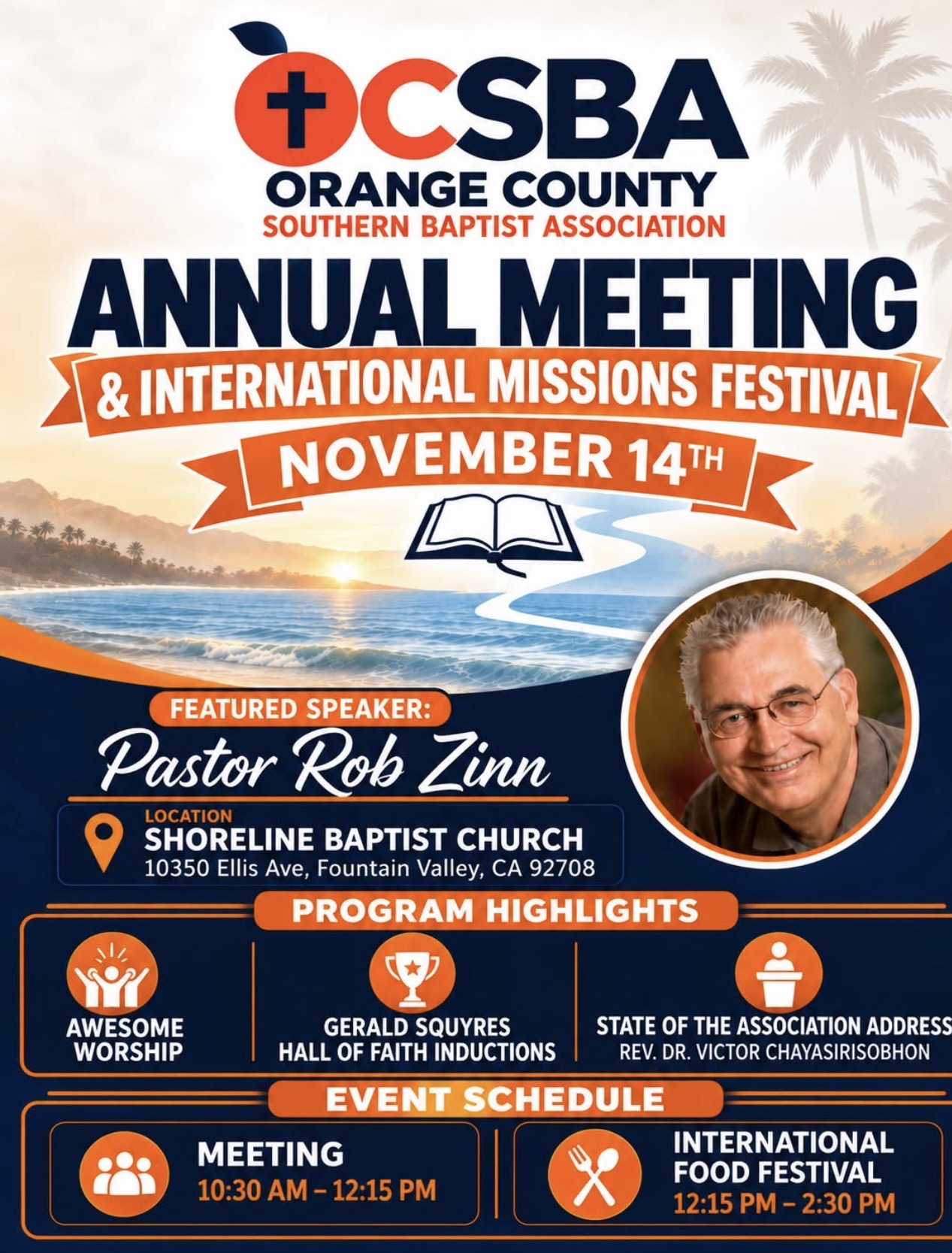 Invitación de OCSBA a su reunión anual y festival internacional de misiones, el 14 de noviembre, en Shoreline Baptist Church